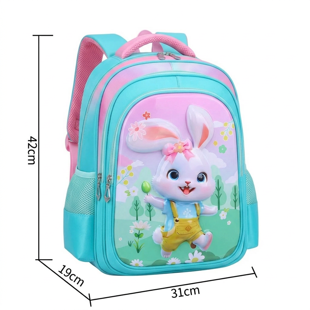 Cartable lapin à roulettes | Ensemble 3 pièces (sac+lunch bag+trousse) | Tissu Oxford résistant